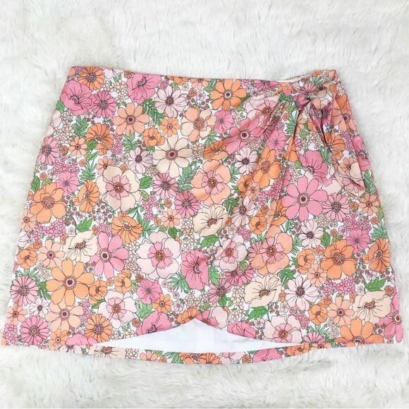 GIANNI BINI Floral Wrap Mini Skirt Side Tie‎ Pink Orange Spring Summer Sz 12 New - Picture 1 of 11